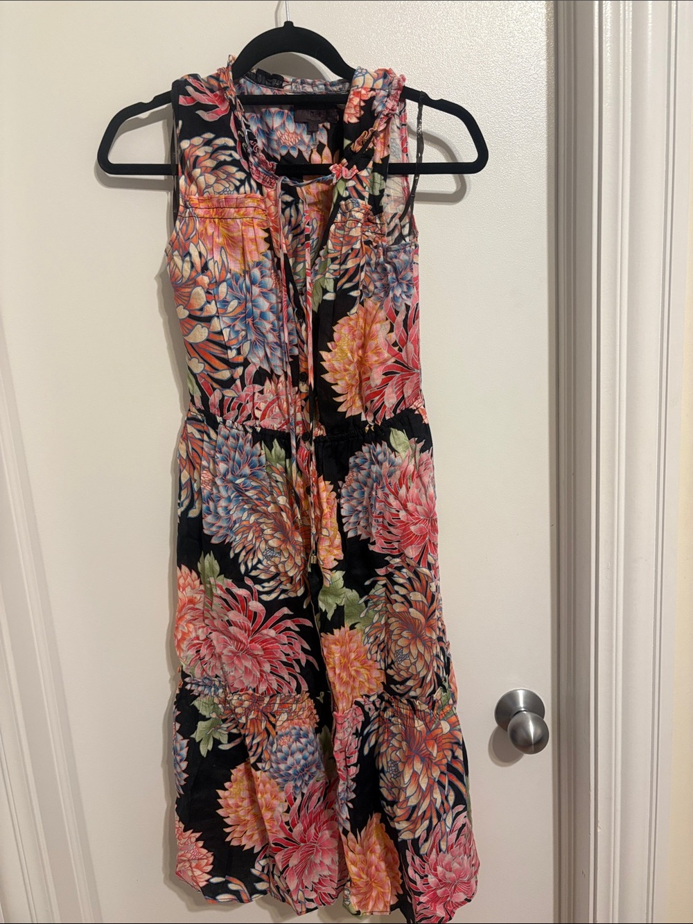 Hale Bob Black Sleeveless Midi Dress with Pink, Coral Floral Print 100% linen